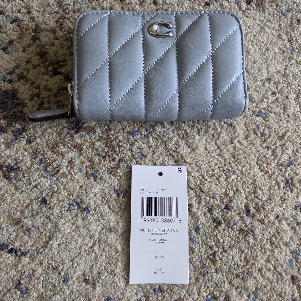 Coach Quilted Leather Zip Around Card Case Wallet in Grey Blue